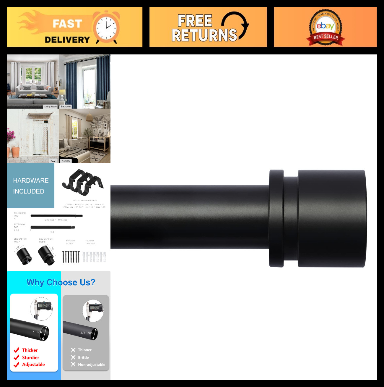 Adjustable Curtain Rods 16-88 Inches, 1″ Diameter, Black with Aluminium Finials