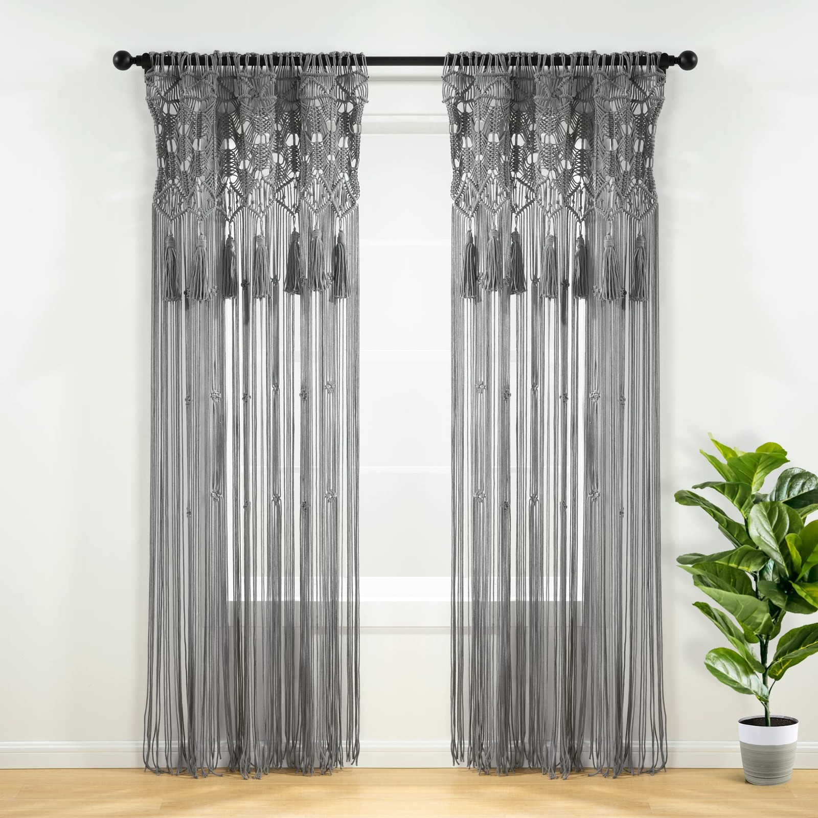 Lush Decor Boho Macrame Tassel Cotton Window Curtain Panel Single 40″ W x 84″ L-