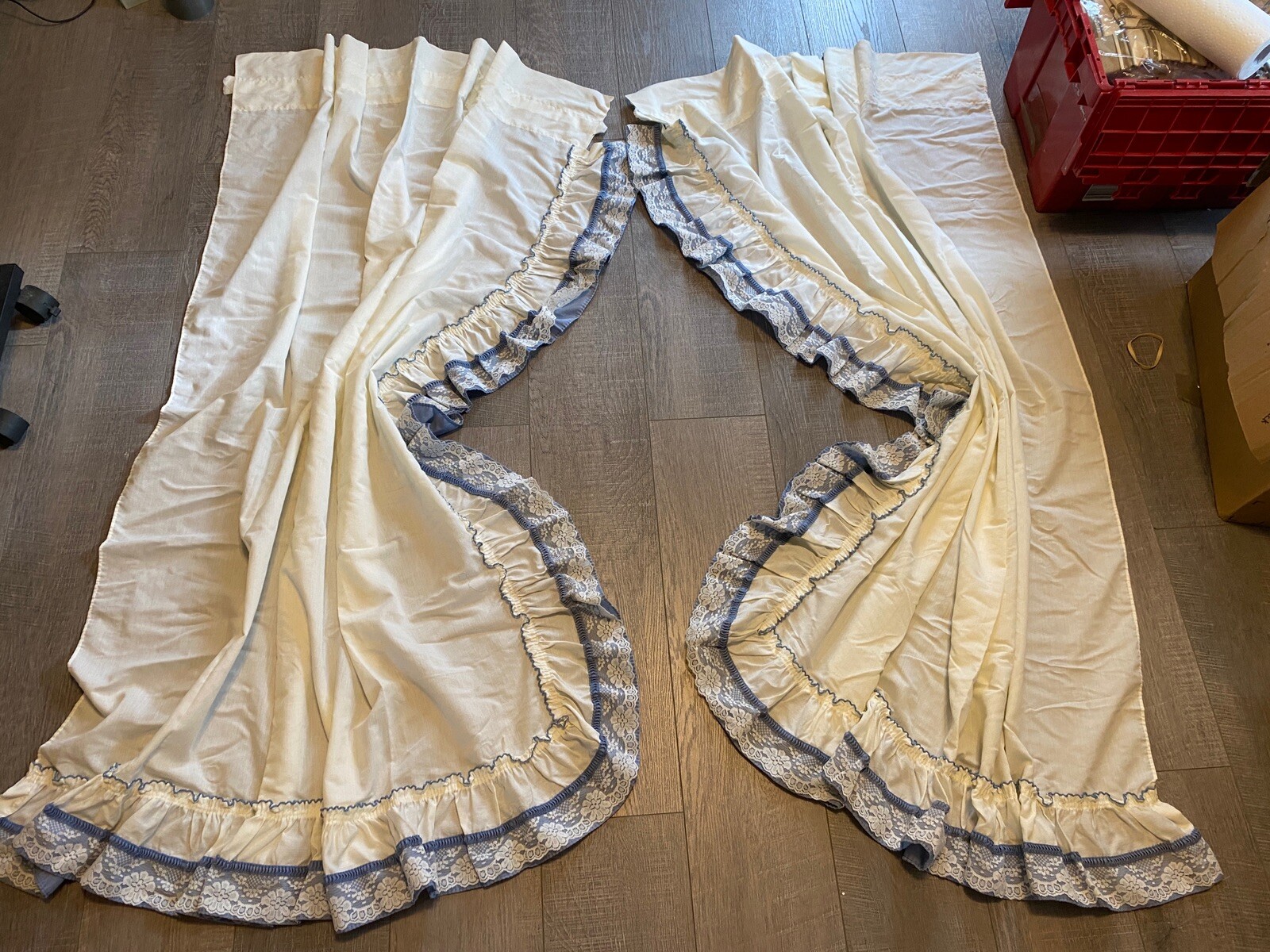 Blue & White Ruffled Curtain Panels With Blue Tie Back Bows Lace Trim