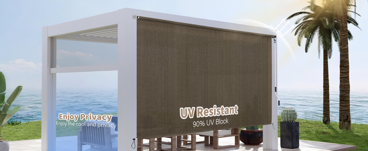 Outdoor Roller Shade 4′ W x 6′ L Cordless Patio Shades Roll Up Outdoors Blinds