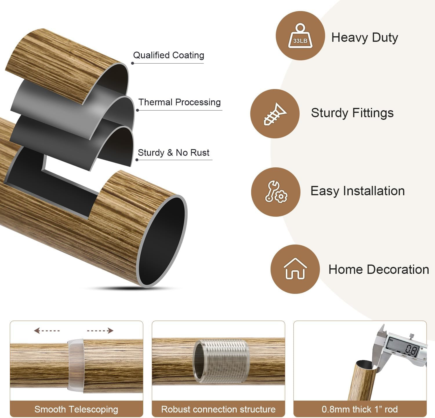 2 Pack Adjustable Weathered Wood Curtain Rods 72-144″ for Home Decor