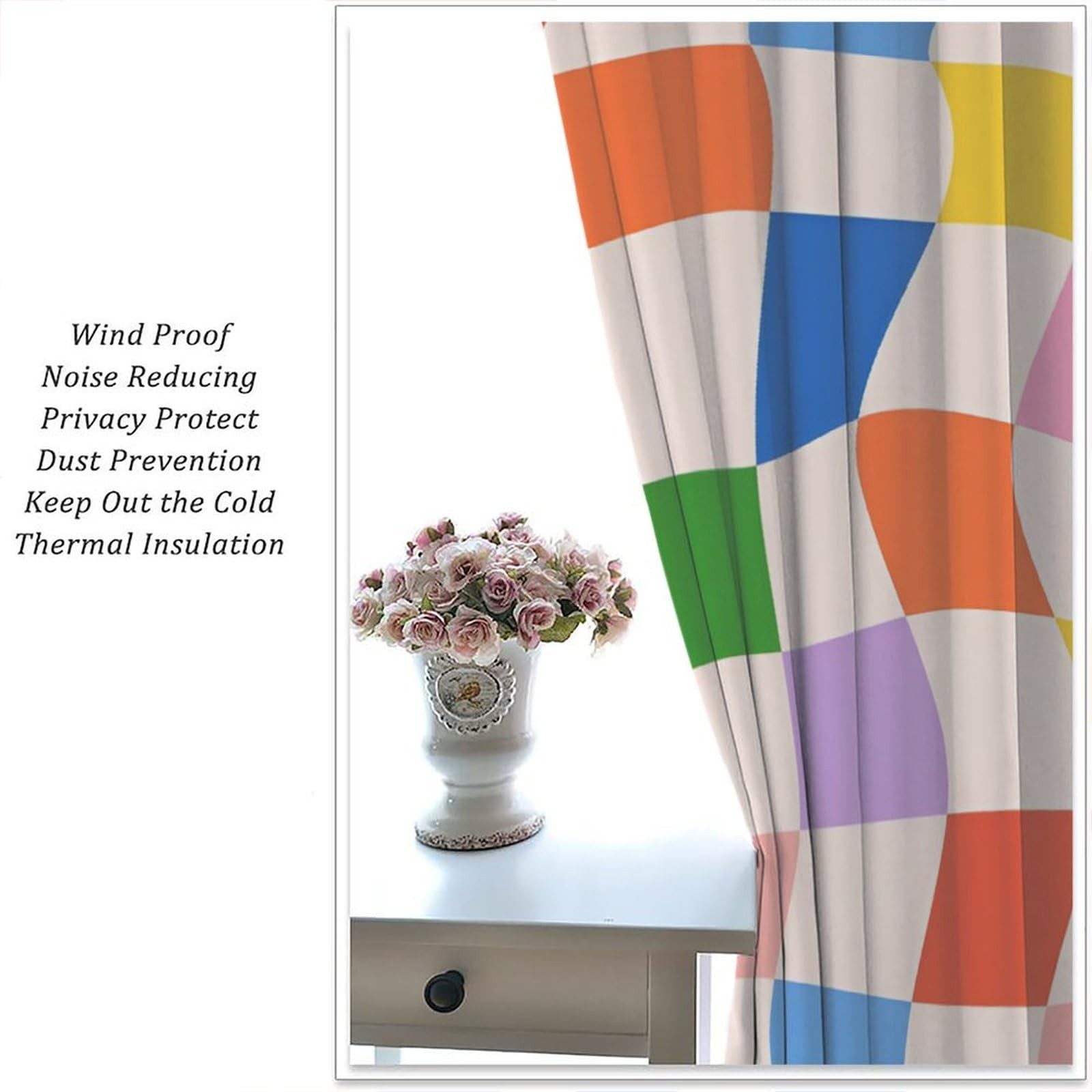 Checkerboard Rainbow Curtains, Boho Vintage 70s Colorful Square Abstract Wavy…