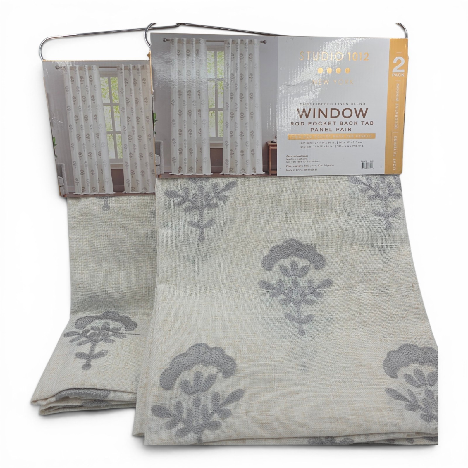 Studio 1012 Set of 4 Botanical Embroidered Curtains 37×84 Linen Blend Gray