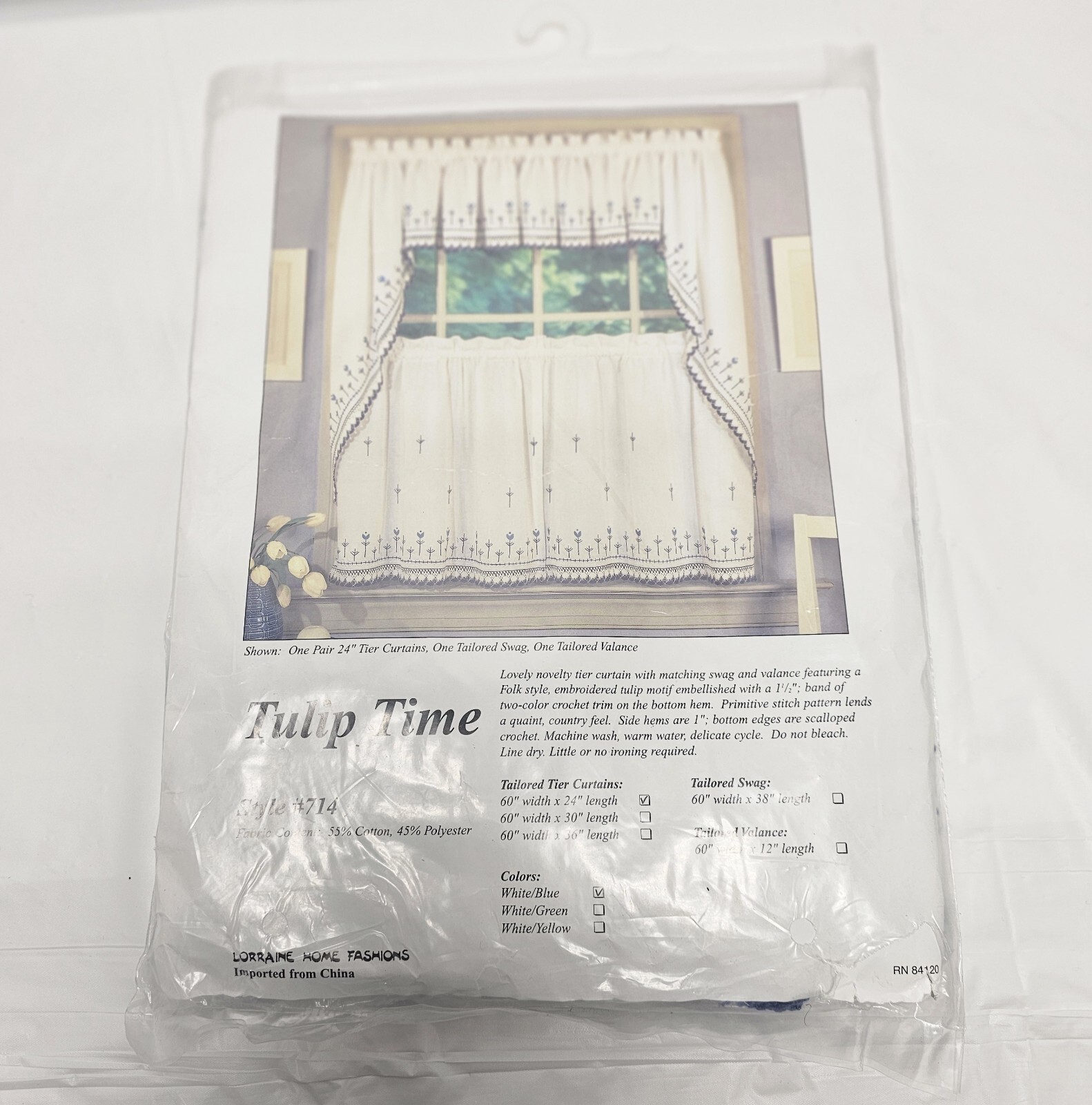Tulip Time Flower Tailored Tier Curtains 60″x24″ / Pair Primitive White Blue NIP