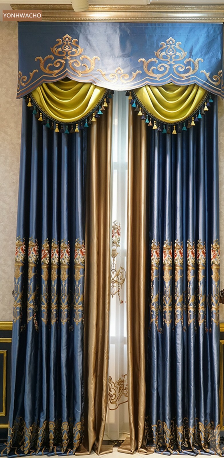 high-precision embroidered blue cloth curtain valance tulle drapery C762