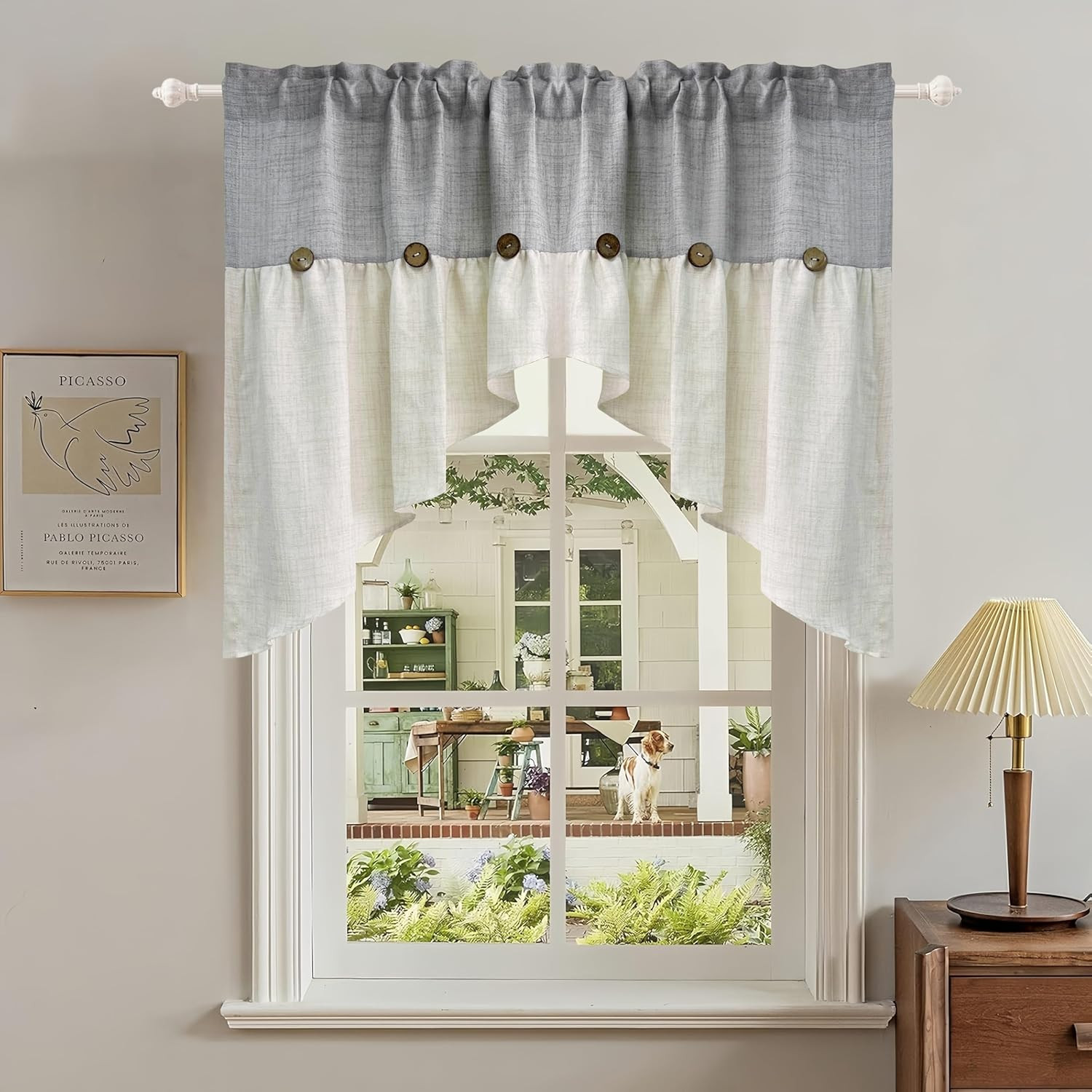 Grey Linen Curtain Swag for Living Room Button Kitchen Curtain Farmhouse Valance