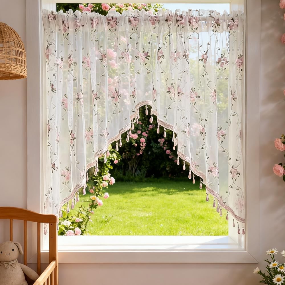 Victorian Style Floral Sheer Swag Curtain Valance for Arched Door Pink