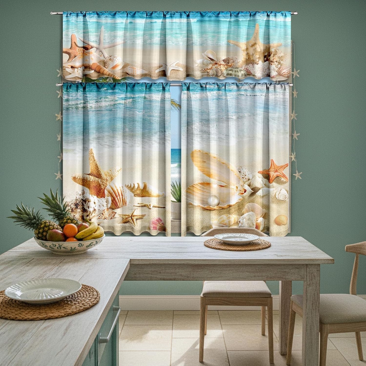 Beach Kitchen Curtains Set Coastal Starfish Shell Water Resistant Polyester
