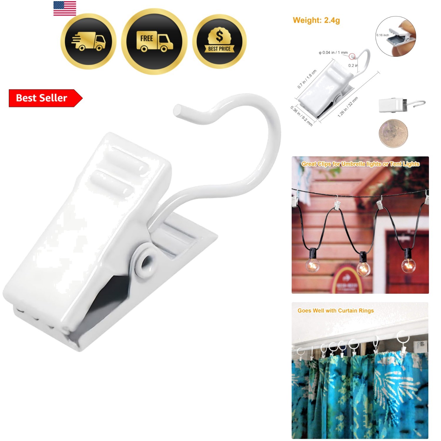 White Curtain Clips Hooks – 100 Pack Small Stainless Steel Metal String Party…