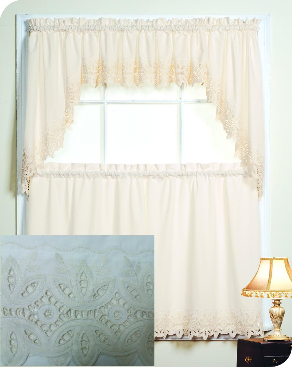 Fancy Collection 3Pc off White/Beige with Embroidered Kitchen/Cafe Curtain Tier