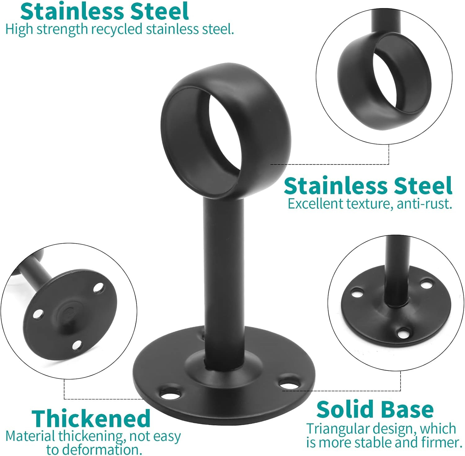 1-1/4Inch Curtain Rod Ceiling Mount Brackets, Stainless Steel, Black, 4 Pack