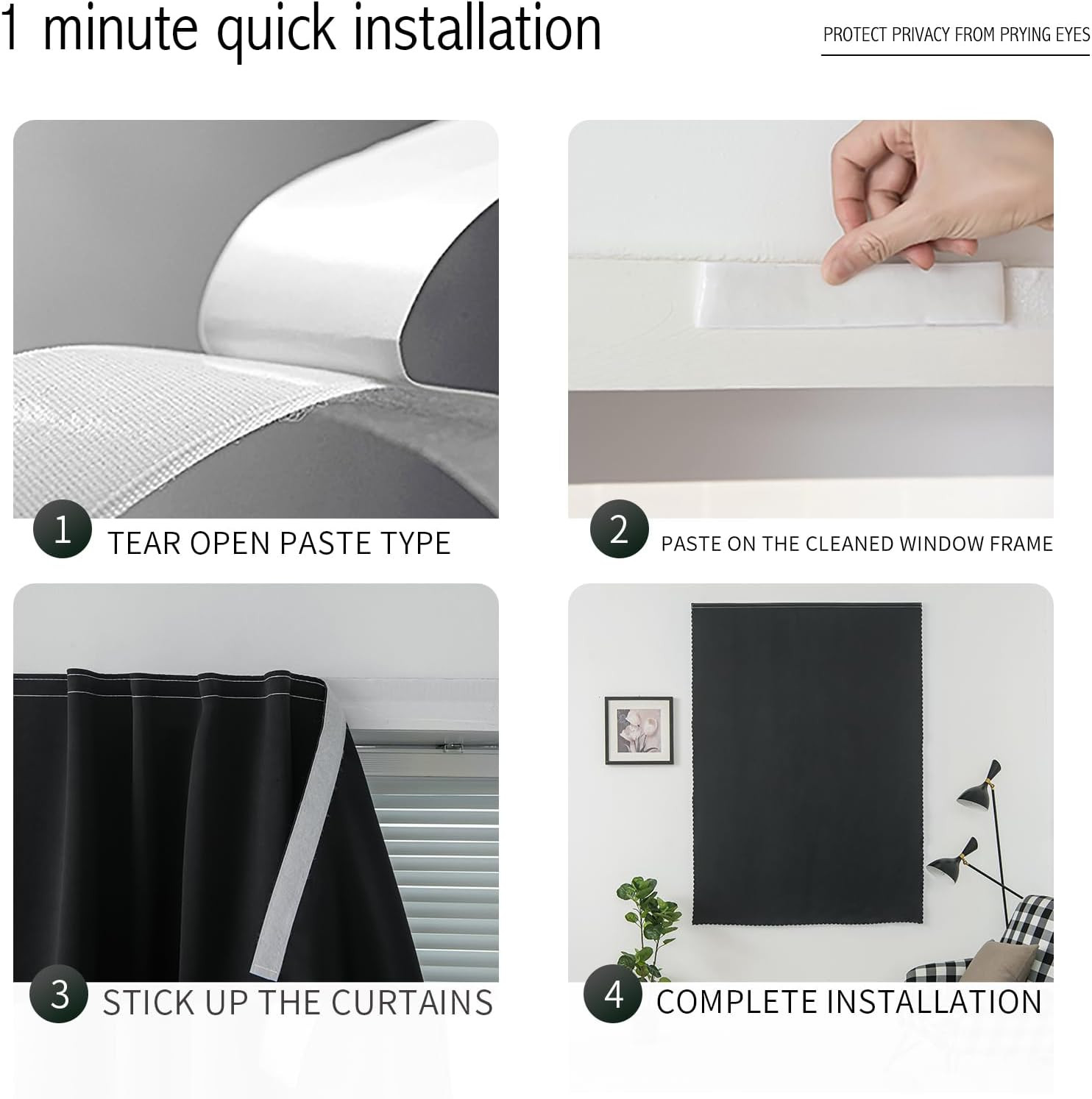 Adhesive Blackout Curtains 35×59 Self Stick No Rod Needed Light Blocking Black