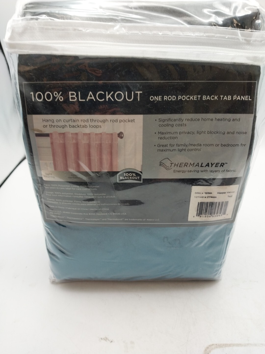 Eclipse Blackout Rod Pocket Panel Curtain Harper Velvet Teal 50 x 108in