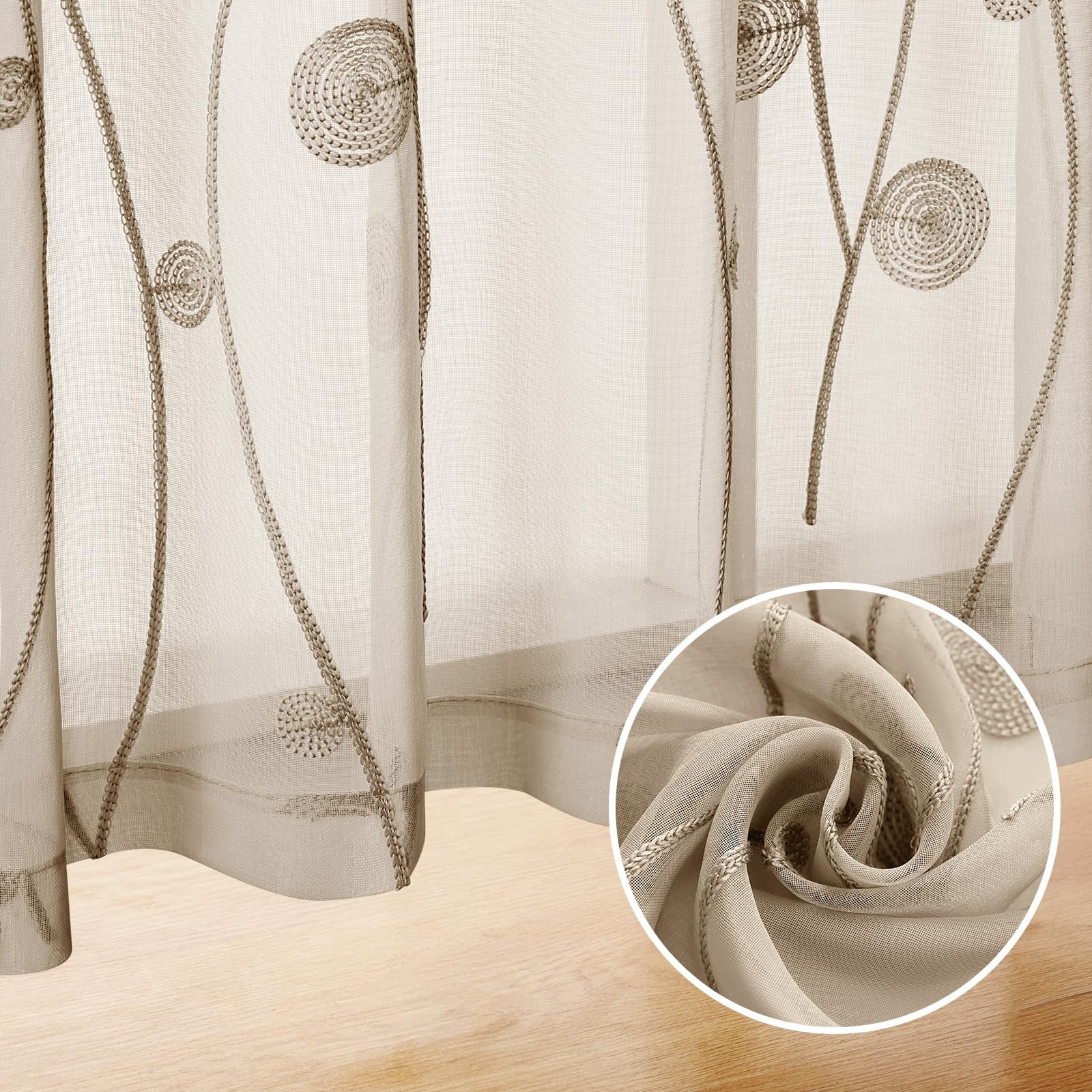 Taupe Sheer Curtains 52 X 96 Inches Length 2 Panels Beige Embroidered Wave Li…