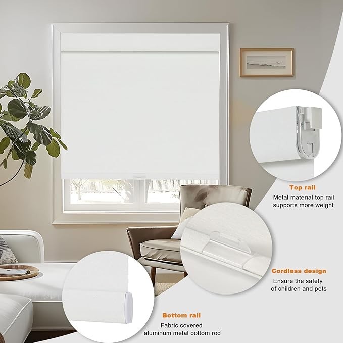No Drill Light Filtering Roller Shades Cordless Linen Fabric White Window Blinds