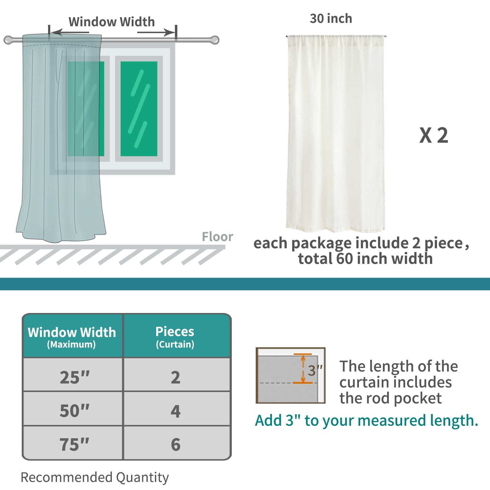 Linen Curtains 36 Inch Length for Kitchen 30″W x 36″L (Pack of 2) Light Beige