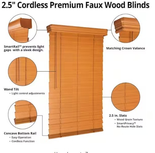 CUSTOM SIZE Cordless Faux Wood Blinds for Windows with 2.5 in. Slats