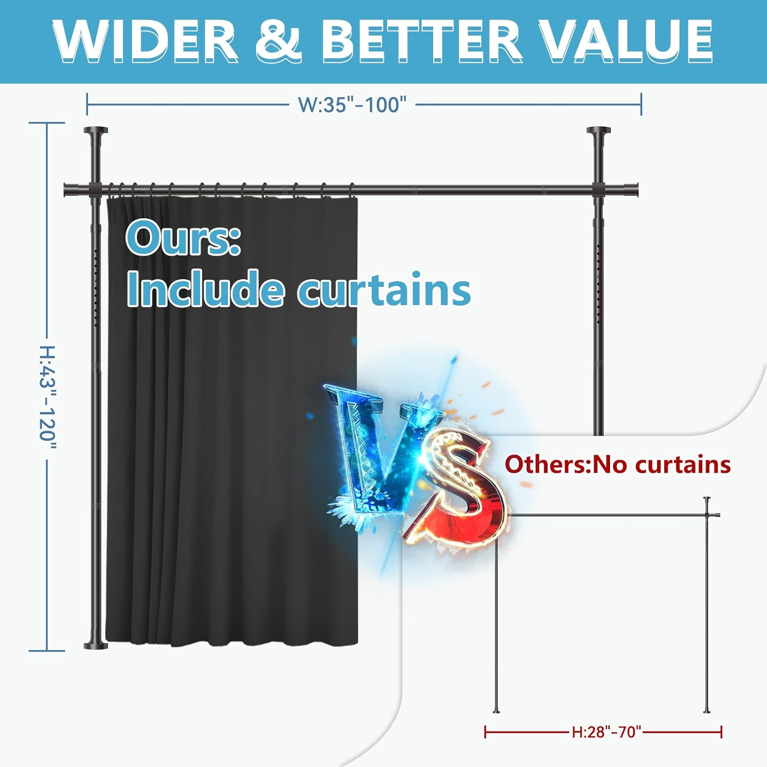 No Drill Room Divider Curtain Set Adjustable Tension Rod Black Privacy Screen