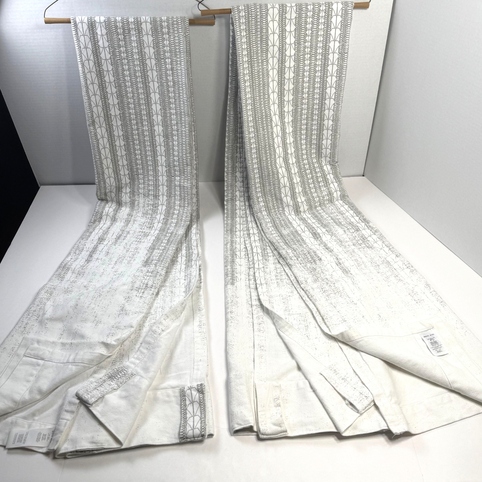 West Elm Echo Print Gray Curtain Panels (2) Opaque Back Tab Rod Pockets Cotton