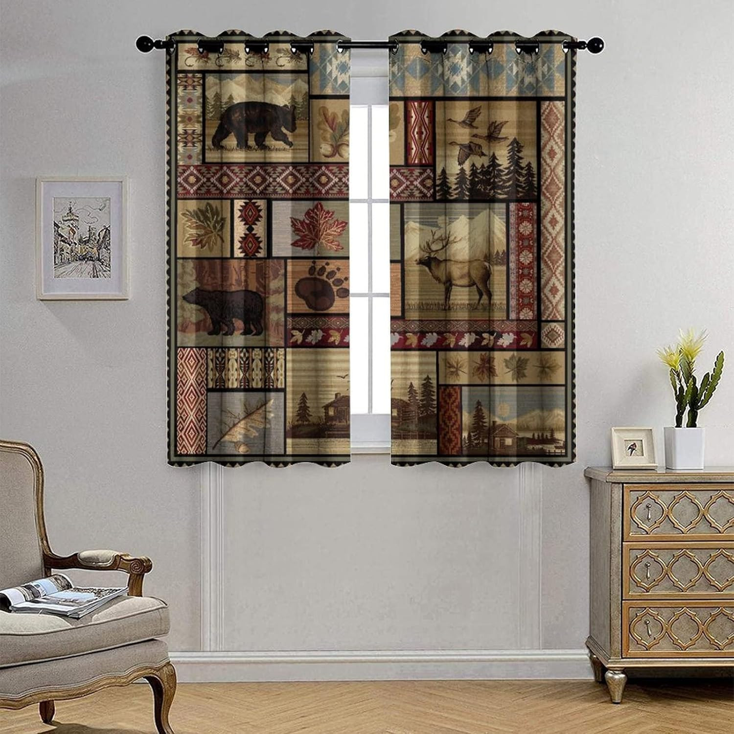 Vintage Deer Bear Farmhouse Blackout Curtains – Retro Cabin Lake Country Lodge M