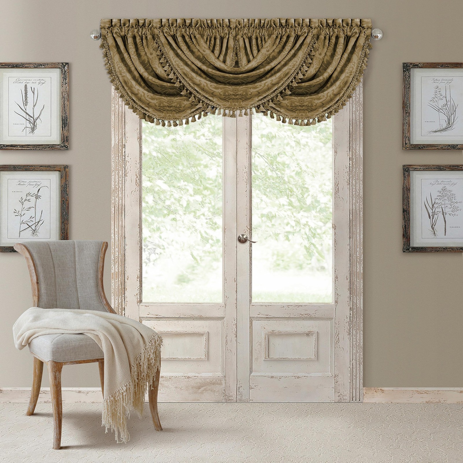 Elrene Home Fashions Antonia Floral Damask Waterfall Window Valance with Tass