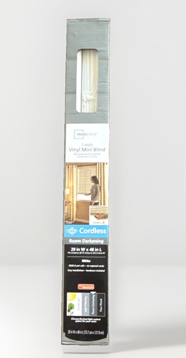 Mainstays Cordless 1in Vinyl Mini Blinds Room Darkening White 29×48