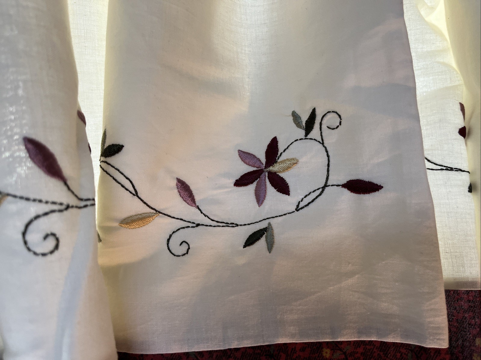 Cotton Window Valance Off White w/ Maroon Floral design 82” X 20.5” Lot of (3)
