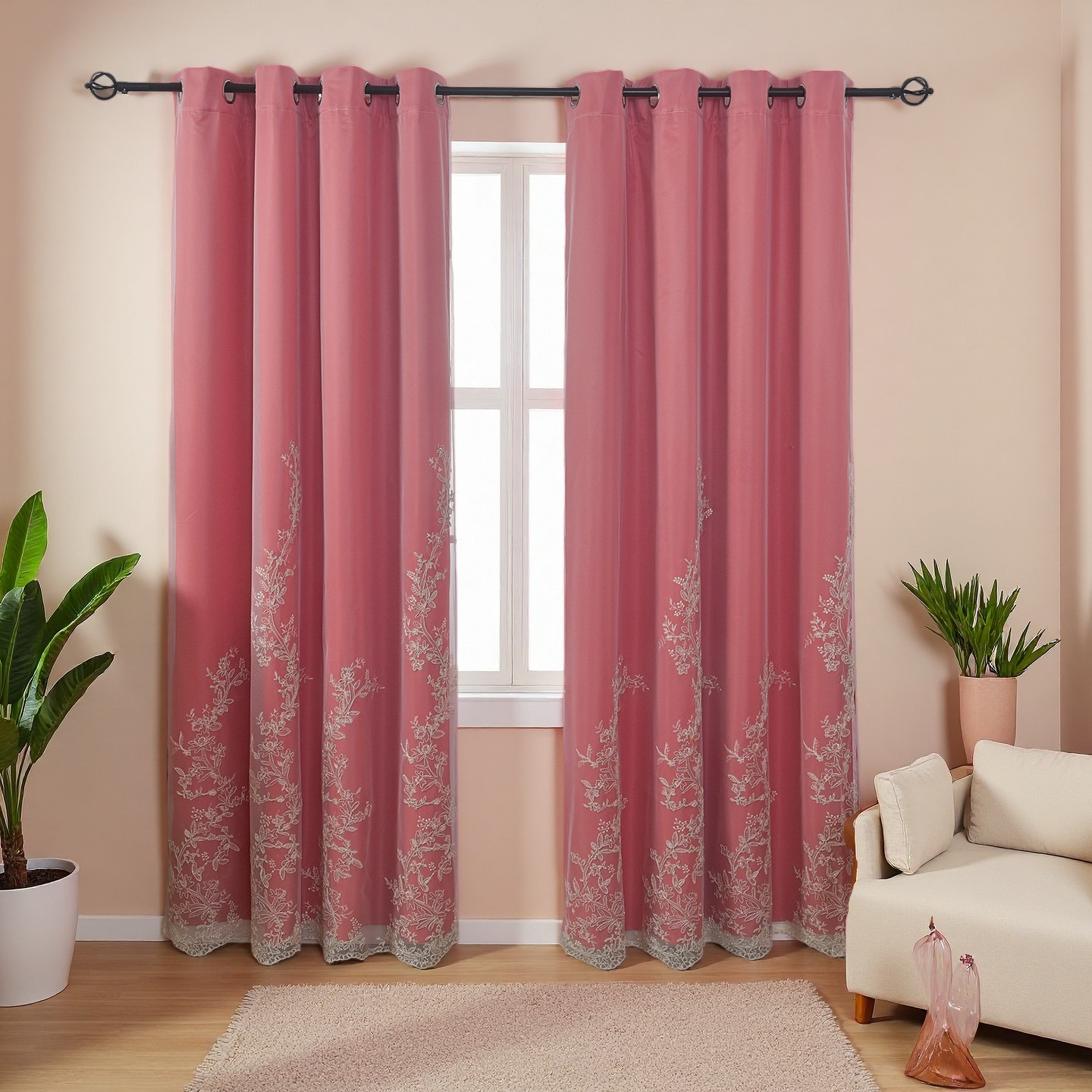 2 Panels 52x63inch Double Layer Curtains with Embroiered Sheer, Grommet Drapes