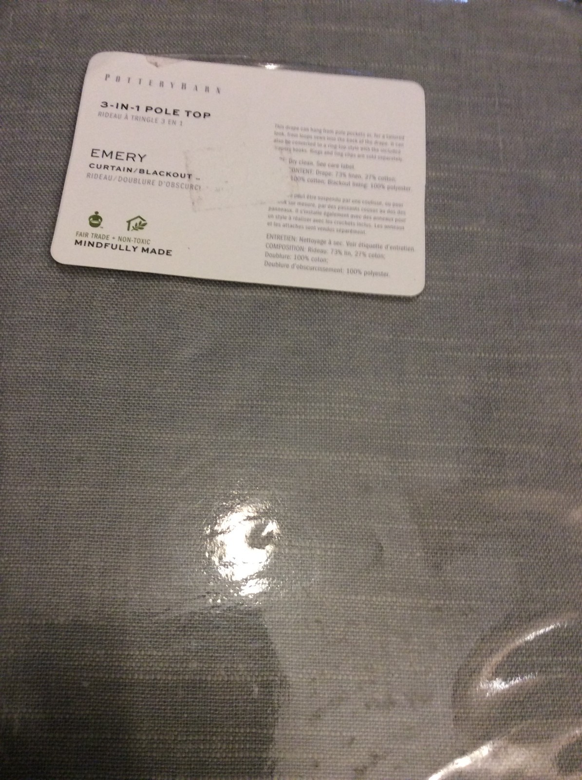 Pottery Barn Emery Drape Panel 50×84 Linen Cotton Mineral Blue NWT Cotton Lined