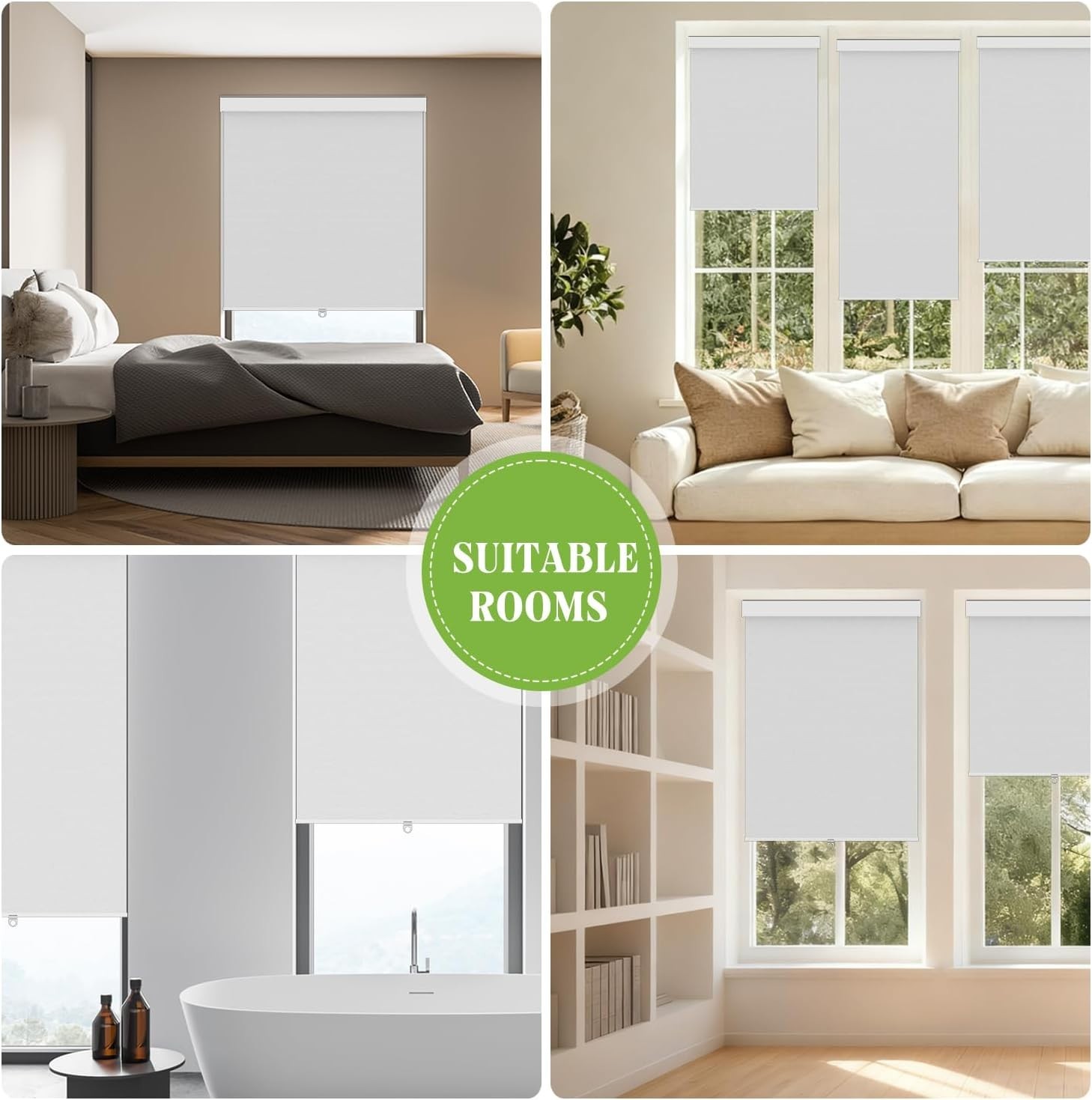 Free-Stop Cordless Roller Shades with Valance 100% Blackout White 34×72