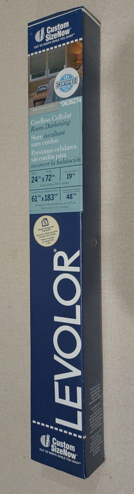 Levolor 24″ x 72″ Trim+Go Graphite Room Darkening Cordless Cellular Shade NIB
