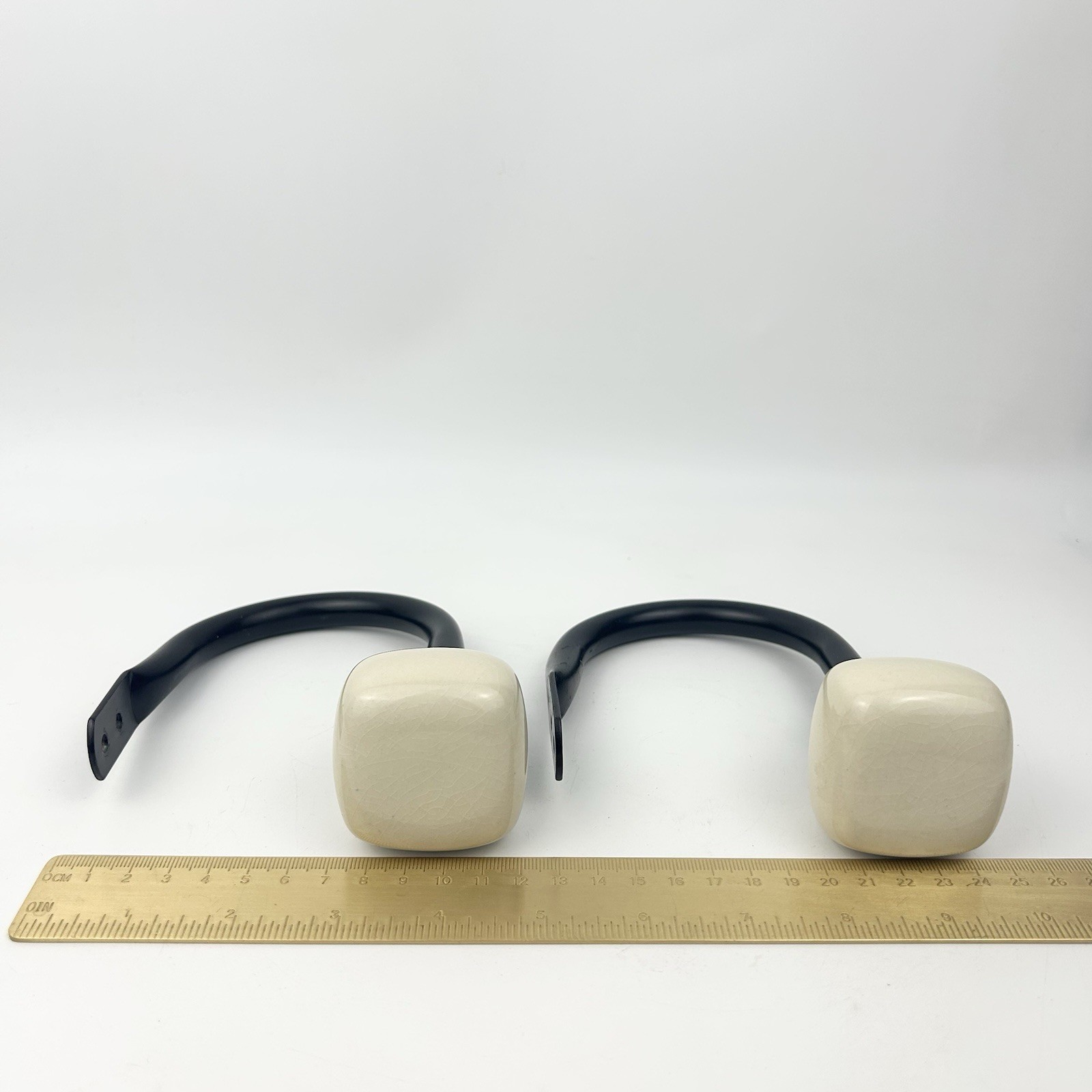 2 Black and Cream Ceramic Square Geometric Knob Curtain Holdbacks #3