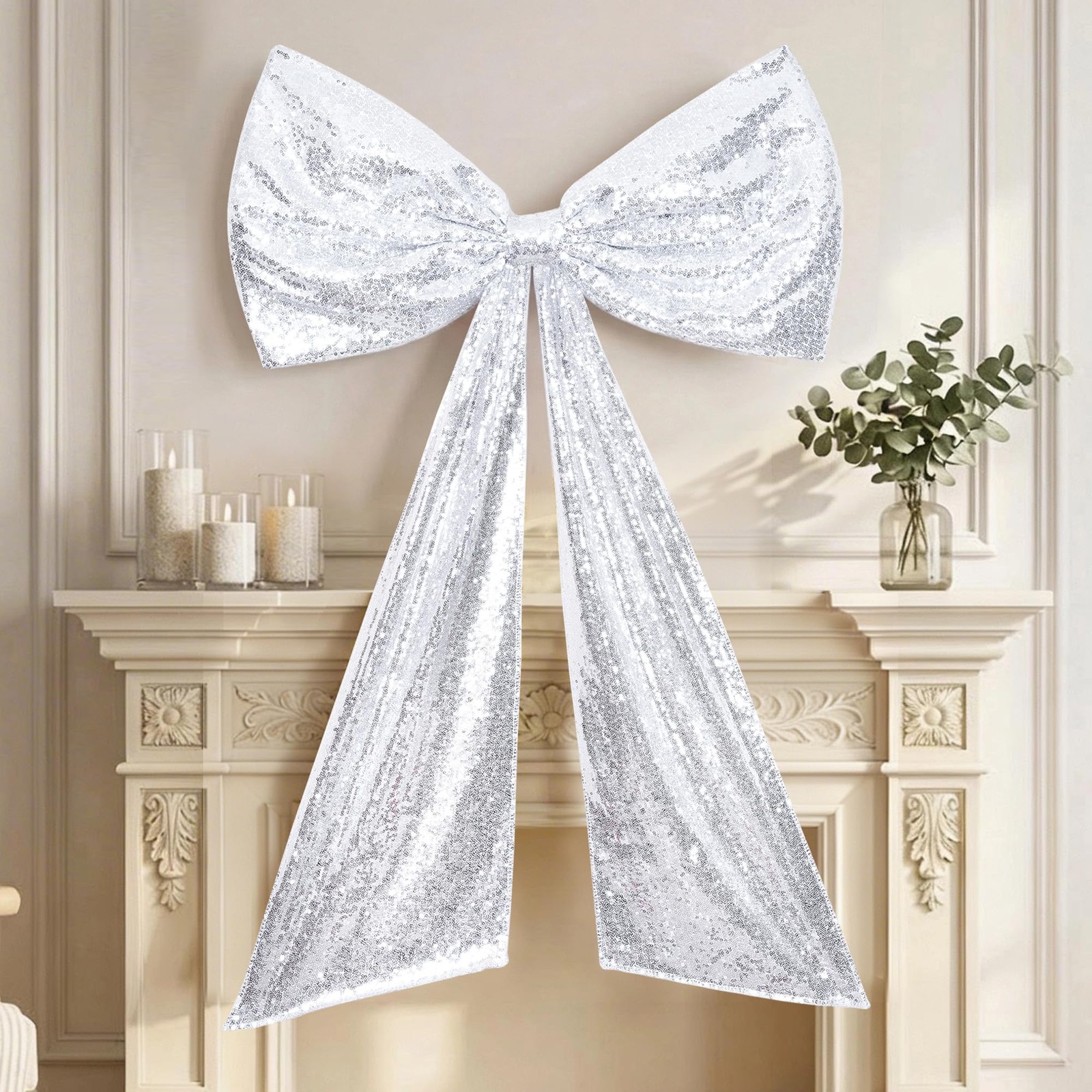 Giant Sequin Bow Decor Silver 24×36 Inch