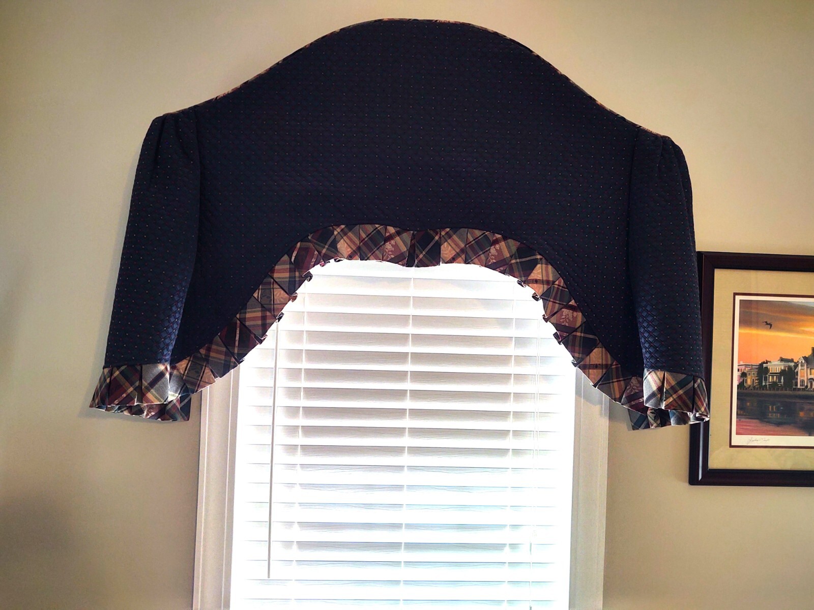Custom Window Cornice Valence/Arch Top/Navy w/Plaid Trim/by Ross Originals *EUC*