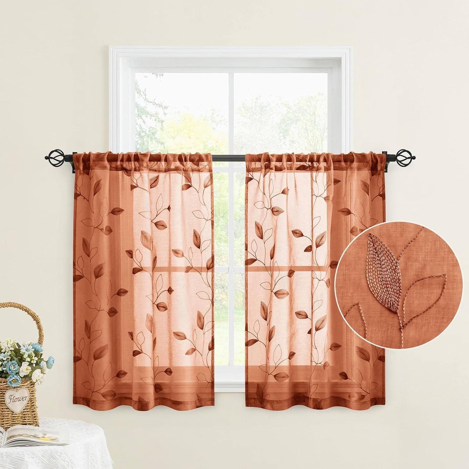 Beautiful Embroidered Leaf Burnt Orange Sheer Curtains – 30 X 36 Inch – 2 Panels