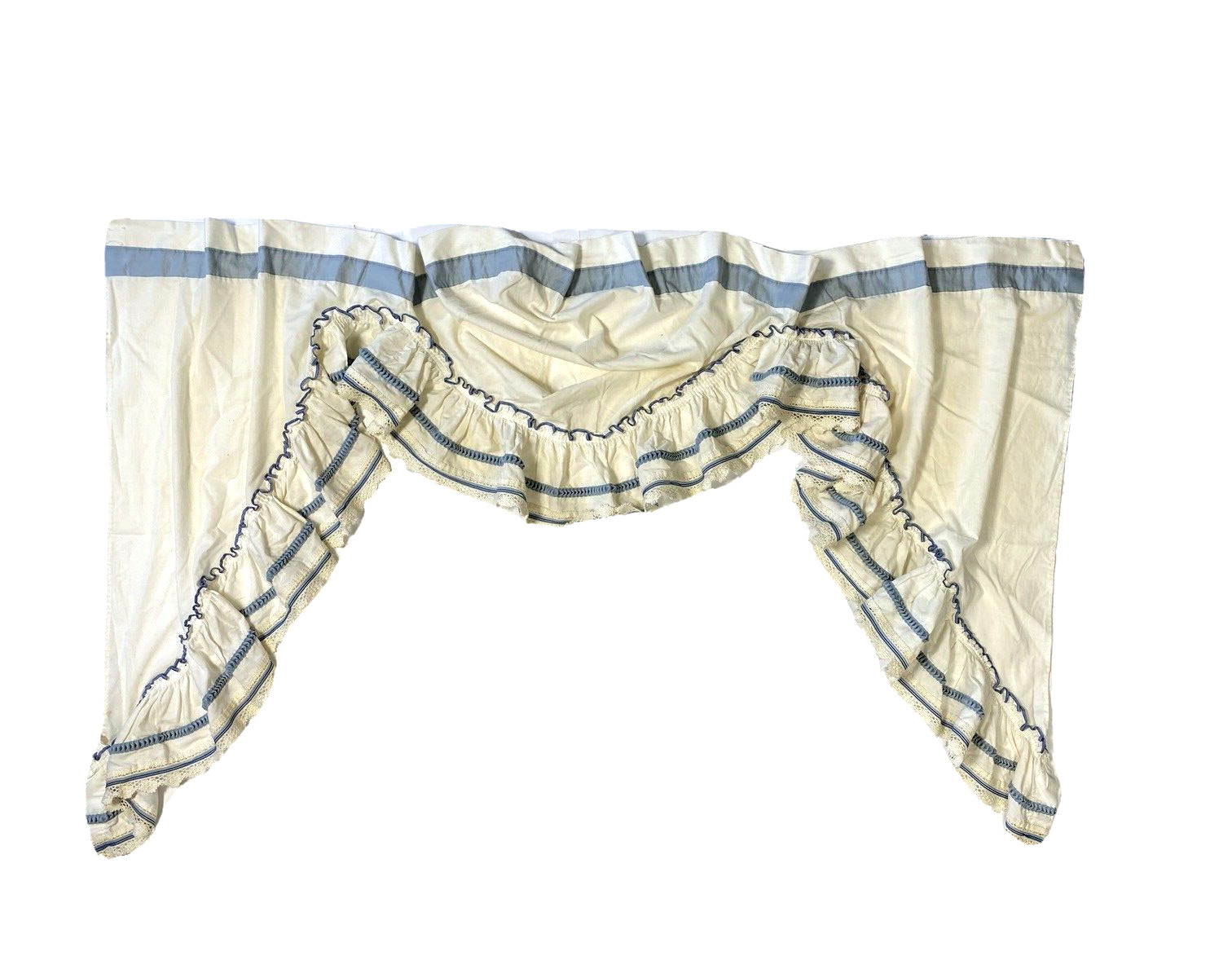 Vintage 70s Set Curtains Rare JC Penney Blue White Window Treatments Valances 3