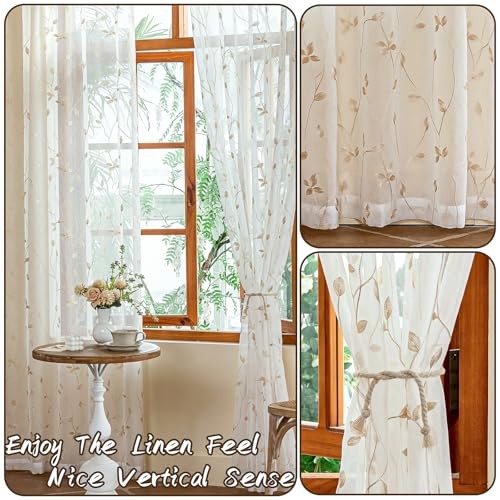 2 Panels Embroidered Leaf Pattern Semi 53″W x 84″L (Pack of 2) White Beige