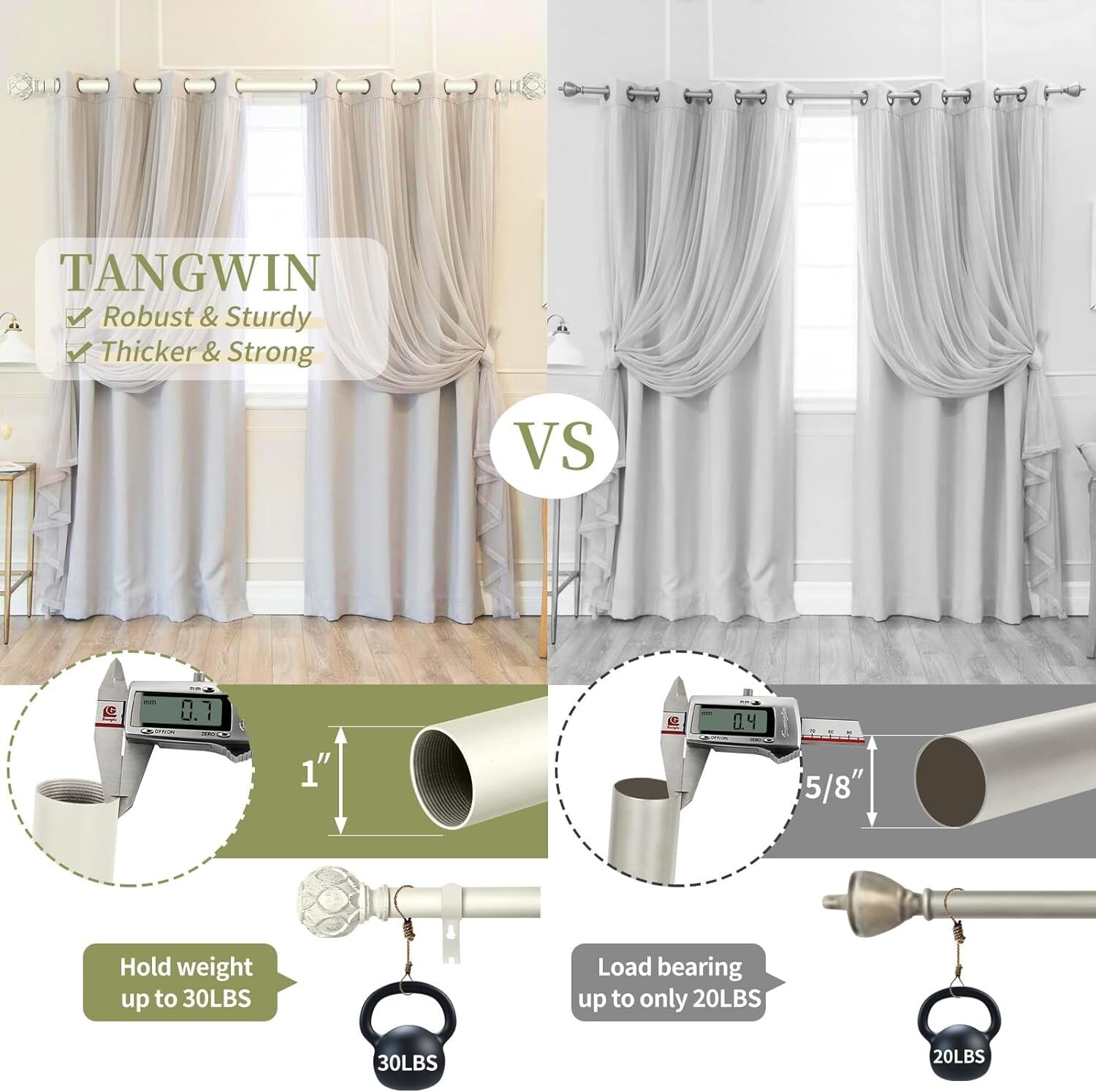 1 Inch Adjustable Antique White Curtain Rods for Windows 66 to 120 Inch 5.5-10ft