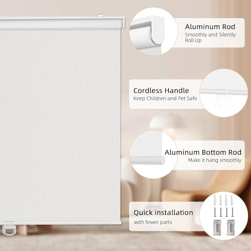 Blackout Roller Shades for Windows, Striped Pattern Cordless 32″W x 72″H White