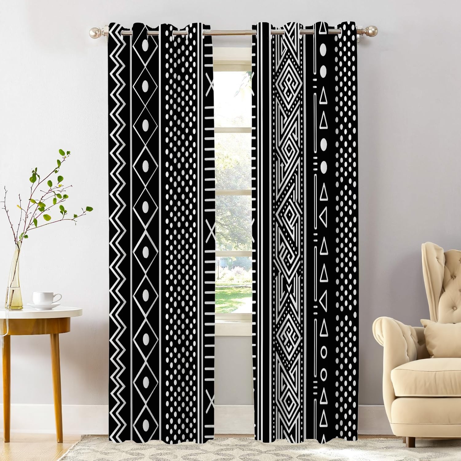 Traditional African Geometric Blackout Window Curtains, Black and White Triba…