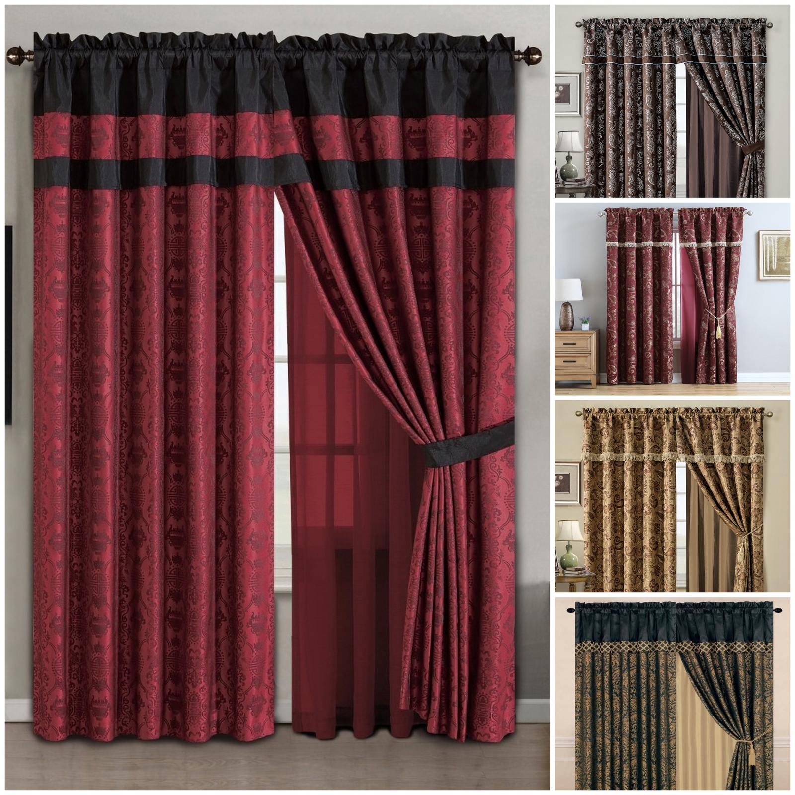Chezmoi Collection 4-Piece Jacquard Window Curtain Drape Set w/Valance & Backing