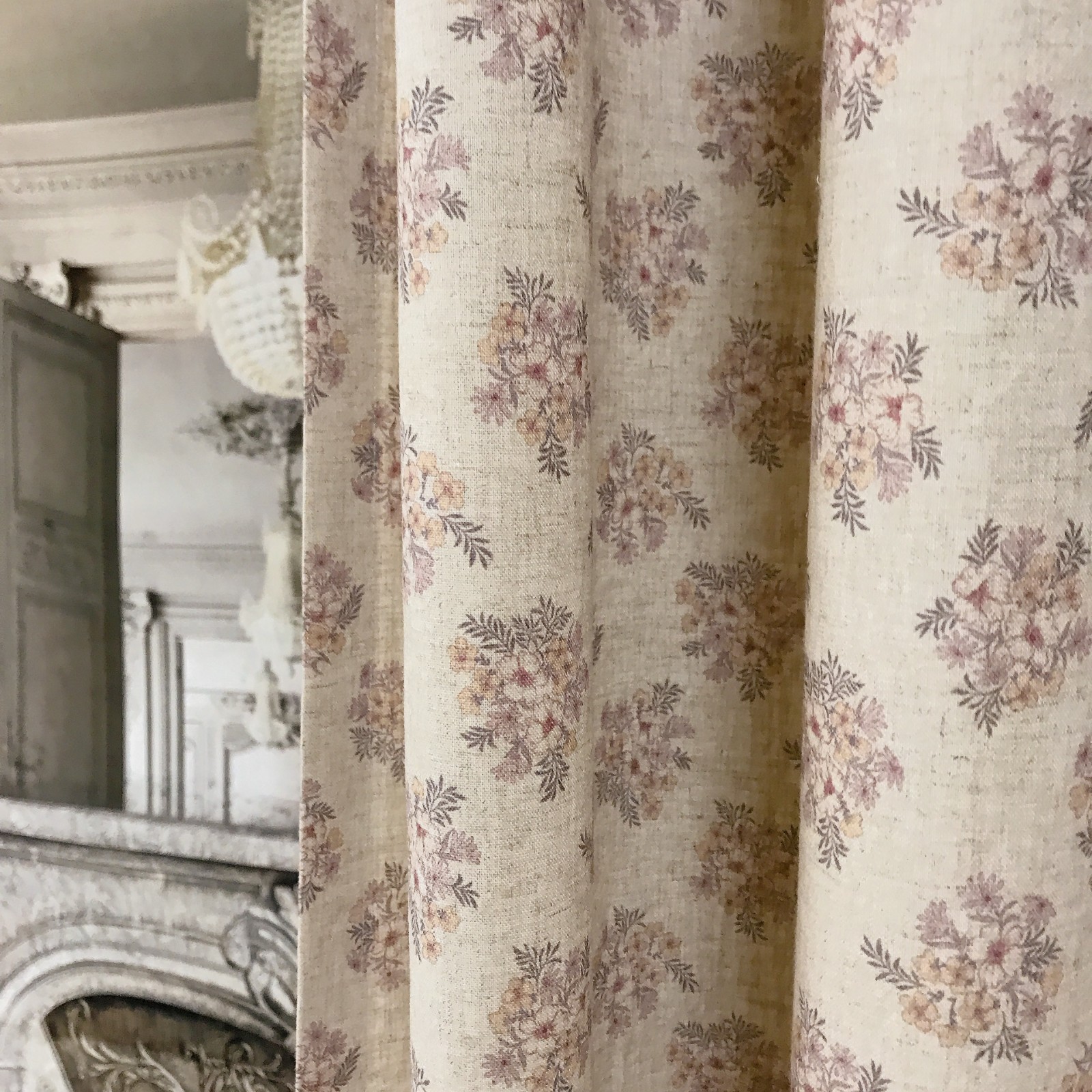 Custom Linen Blend Floral Curtains Beige Handmade Window Drapery Panels for Home