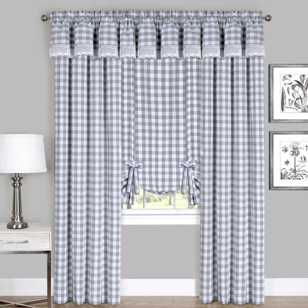 Gray Checkered Plaid Gingham Kitchen Window Curtain Drapes Panel Valance Shade