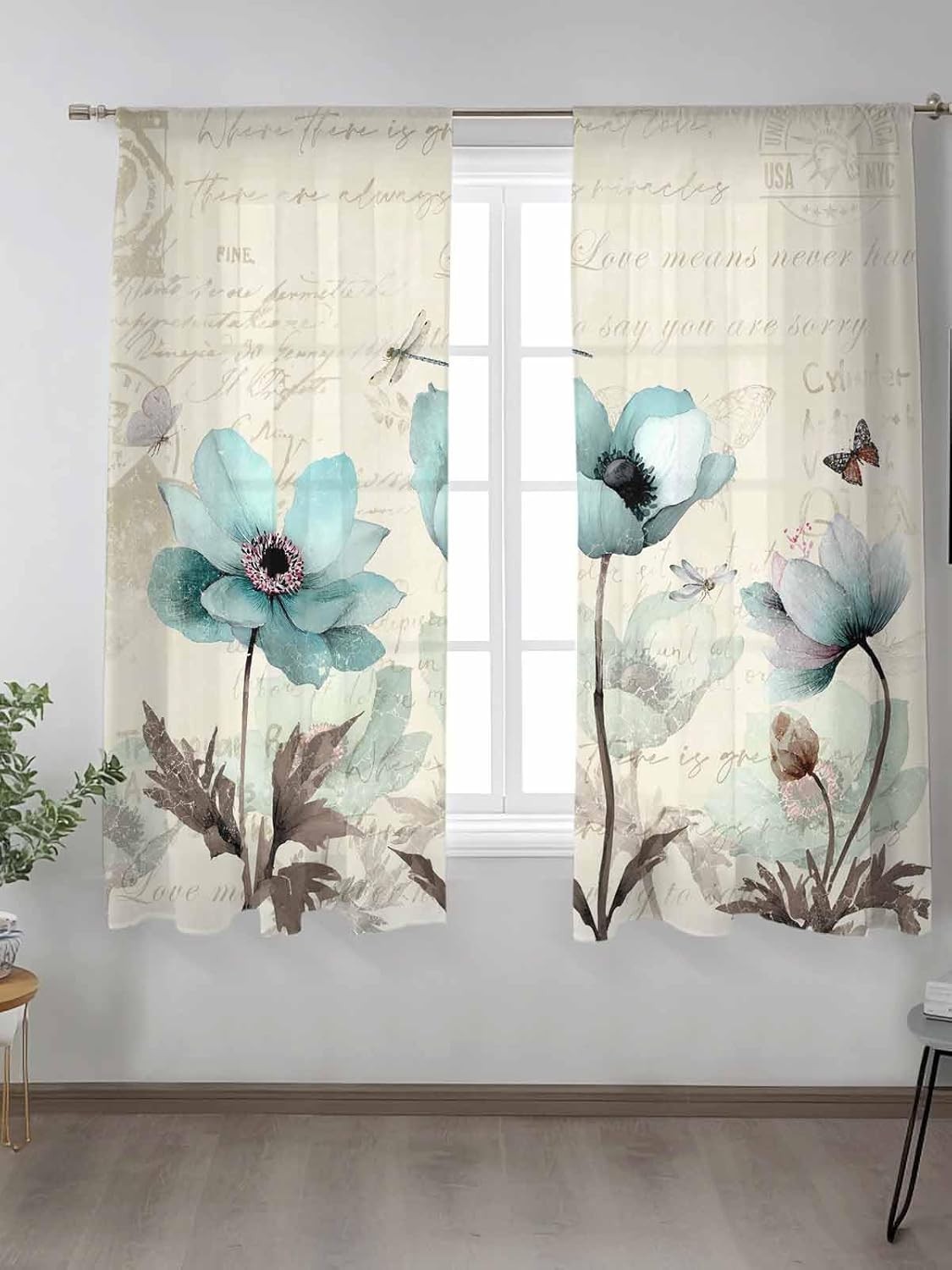 Voile Chiffon Window Curtains Aqua Blue Brown Flower Floral Letter Stamp 72″