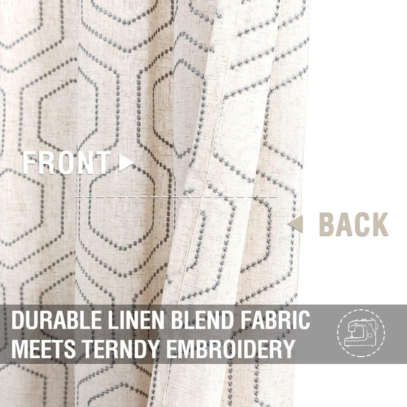 Light Filtering Linen Curtains Honeycomb Embroidery Grommet Top Panels New
