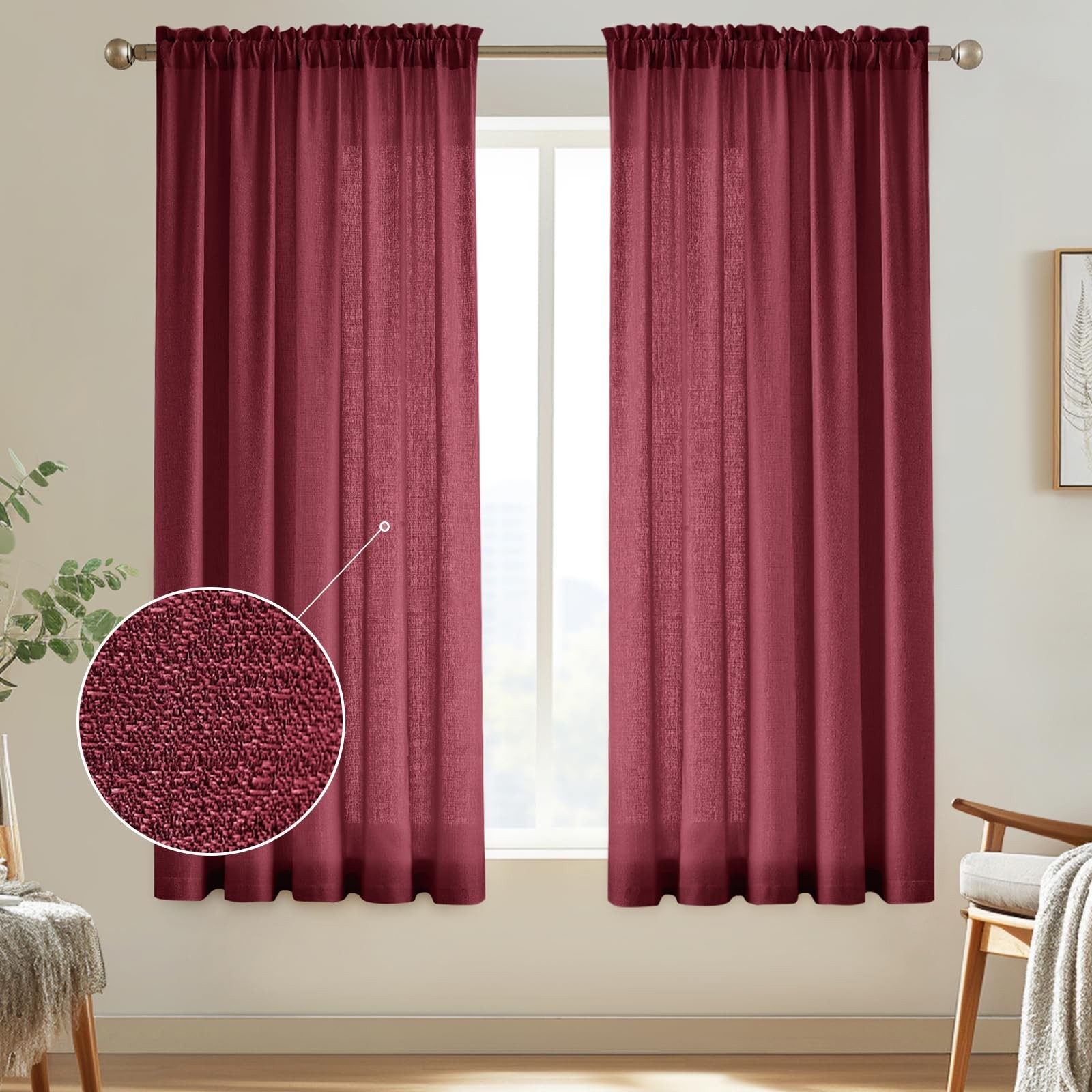 Melodieux Burgundy Semi Sheer Curtains 63 Inch Length for Living Room, Linen Loo