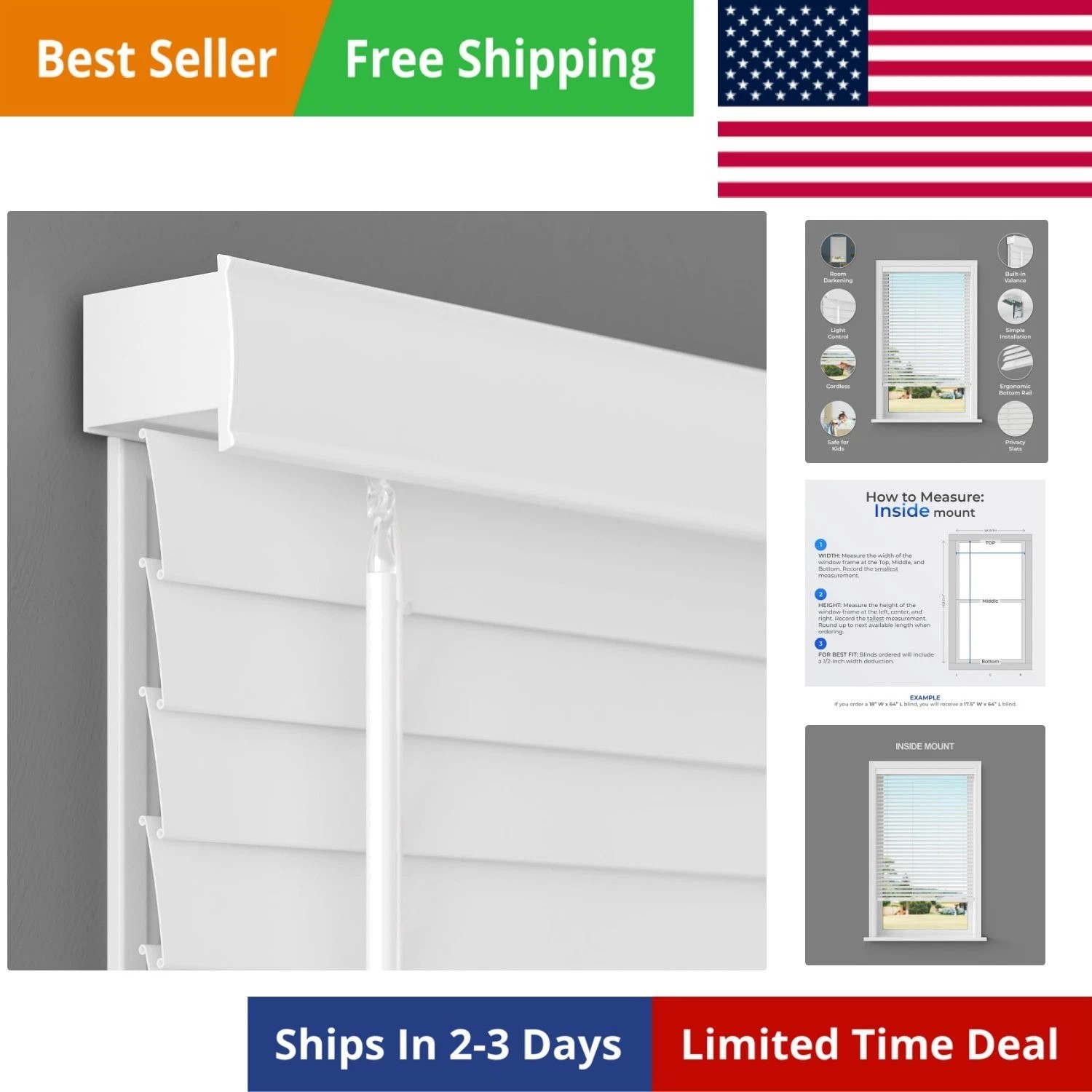 2″ Cordless Flat Slat Faux Wood Window Blinds for Home – 34″ W x 64″ L – Whit…