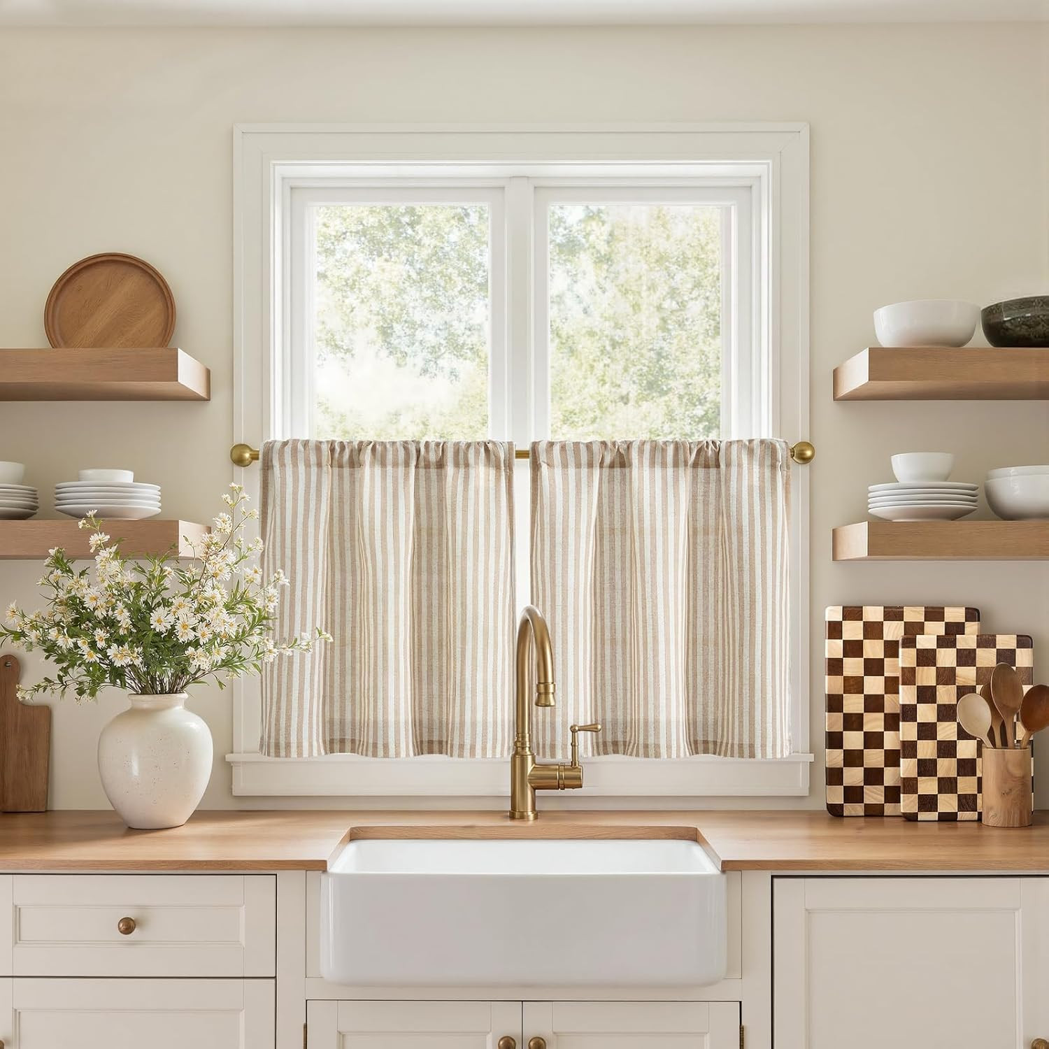 Striped Linen Kitchen Tier Curtains, 20 Inch, Tan, 2 Panels | Light-Filtering Li