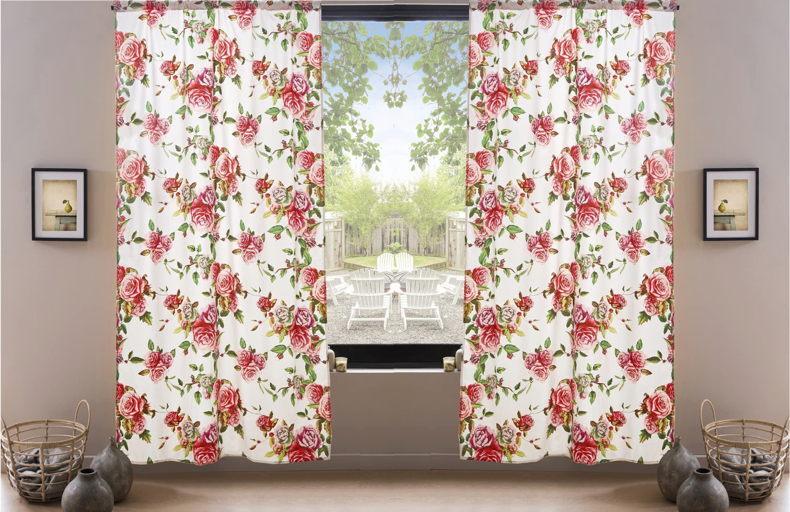 DaDa Bedding Set of 2-Pieces Romantic Roses Floral Sheer Window Panel Curtains