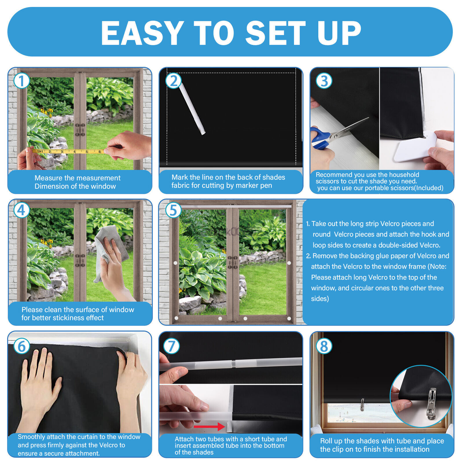 100% Blackout Roller Shades, No Tools No Drill Cordless Blinds for Windows